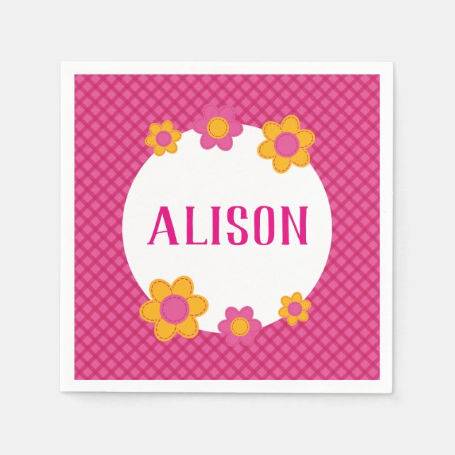 Floral fuchsia karierte Mädchenname Daisis Serviette (Vorderseite)