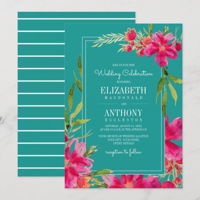 Floral Fuchsia Türkis Wasserfarbenhochzeit Einladung (Vorne/Hinten)