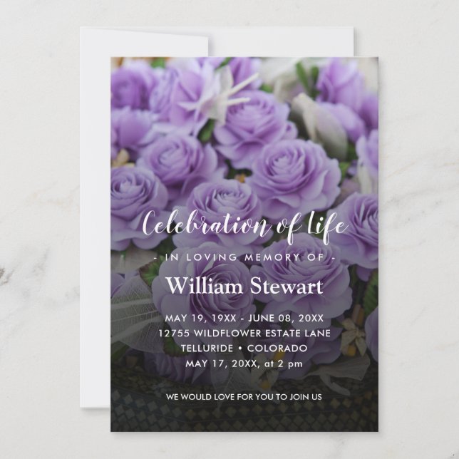 Floral Funeral | Purple Roses Celebration of Life Einladung (Vorderseite)