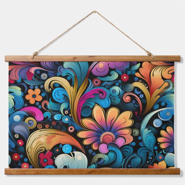 Floral Funkadelic Botanical Wandteppich Mit Holzrahmen (Vorne)