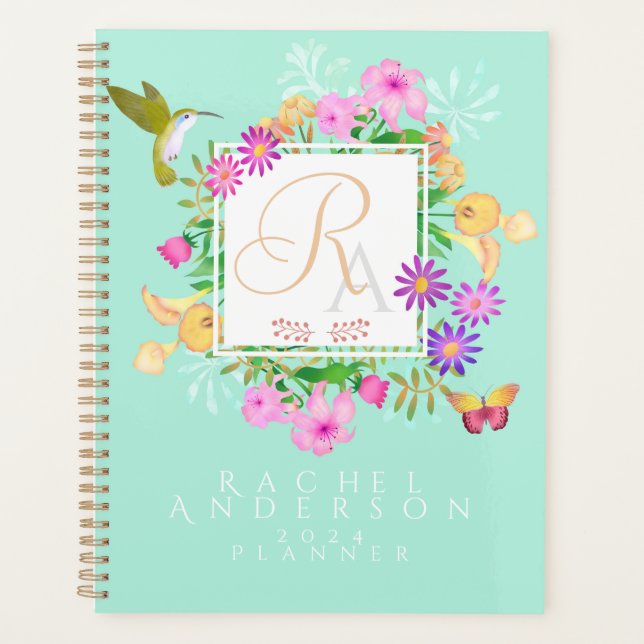Floral Garden Aqua Monogram Planer (Vorderseite)