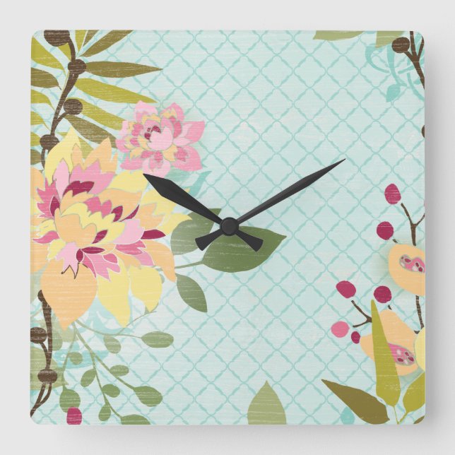 Floral Garden, Blue Background Quadratische Wanduhr (Vorderseite)