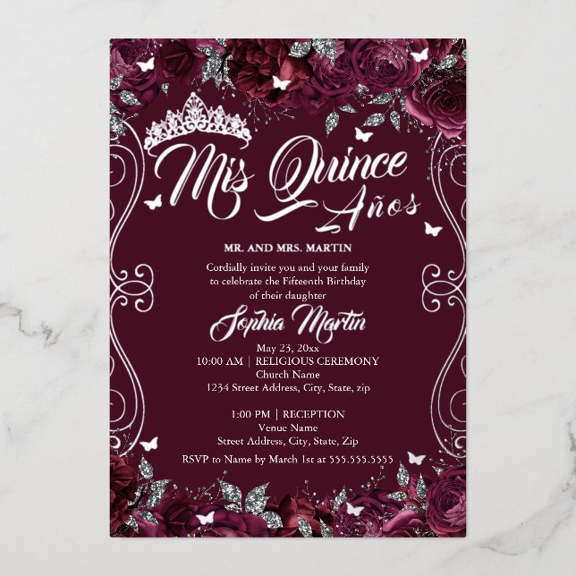 Floral Garden Burgundy Mis Quince Quinceanera Folieneinladung (Vorderseite)