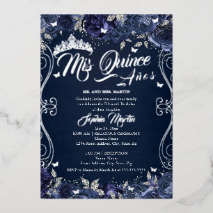Floral Garden Marine Silver Mis Quince Quinceanera Folieneinladung