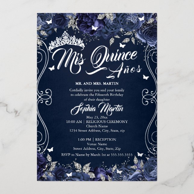 Floral Garden Marine Silver Mis Quince Quinceanera Folieneinladung (Vorderseite)