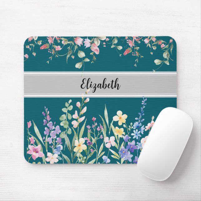 Floral Garden Monogram Script Aquamarin Mousepad (Mit Mouse)