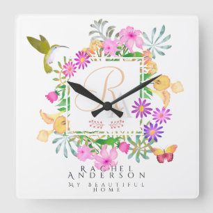 Floral Garden Monogram White Quadratische Wanduhr