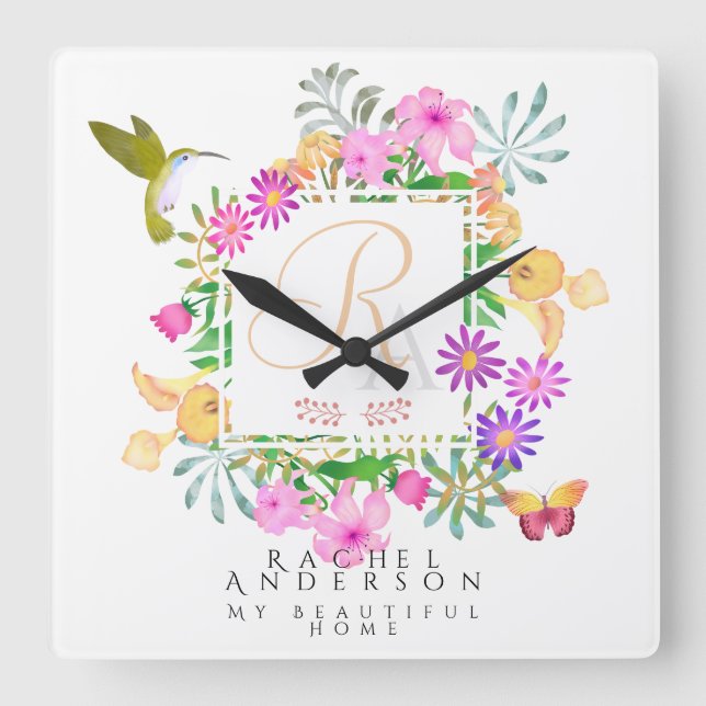 Floral Garden Monogram White Quadratische Wanduhr (Vorderseite)