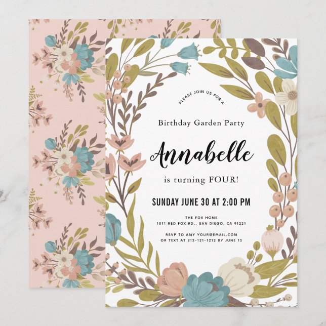 Floral Garden Party White Anniversaire Invitation (Devant / Derrière)