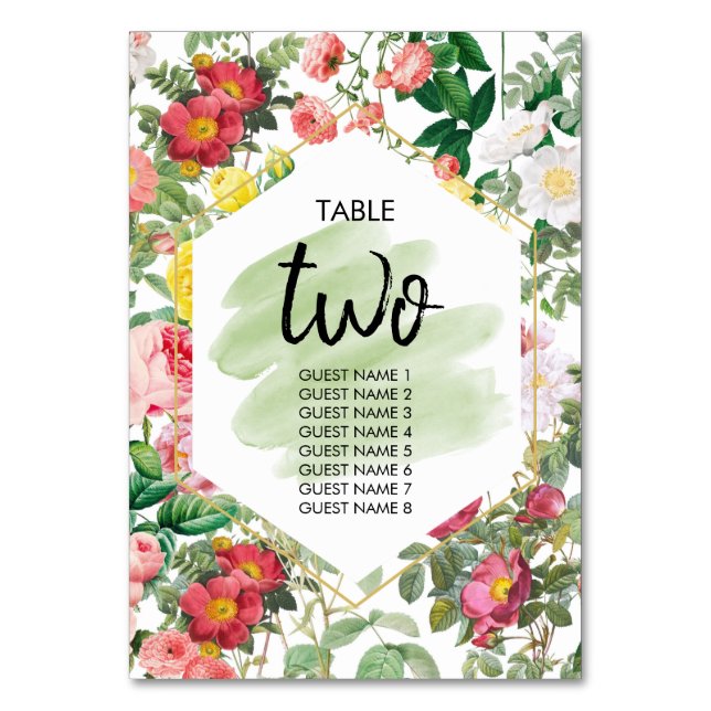 Floral Garden Watercolor Wedding Guest Names Tischnummer (Vorderseite)