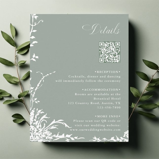 Floral Garden Wedding QR Code Details Sage Green Begleitkarte (Von Creator hochgeladen)