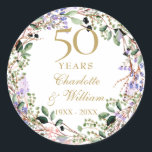 Floral Garland 50th Wedding Anniversary  Runder Aufkleber<br><div class="desc">Featuring a delicate watercolor floral lavender garland,  this chic botanical 50th wedding anniversary sticker can be personalized with your special anniversary information. Designed by Thisisnotme©</div>