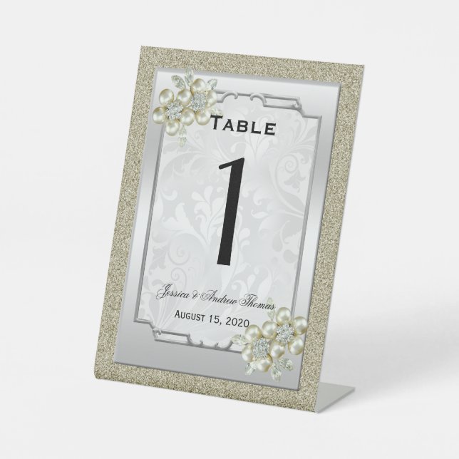 Floral Gem Silver Gerahmt, Gold & Silver Wedding Sockelschild (Vorderseite)