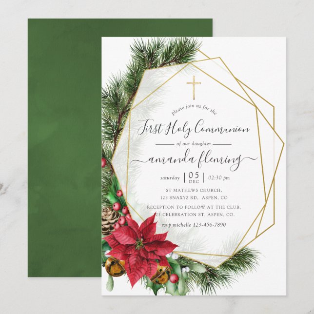 Floral Geometric Christmas Heilige Kommunion Einladung (Vorne/Hinten)