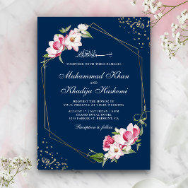 Floral Geometric Frame Navy Blue Islamic Wedding Einladung