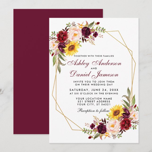 Floral Geometric Gold Frame Burgundy Wedding Einladung (Vorne/Hinten)