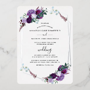 Floral Geometrisches botanisches Lila Hochzeitsilb Folieneinladung