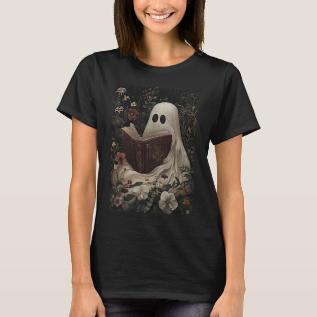 Floral Ghost Reading Buch Halloween Kostüm Gothic T-Shirt (Vorderseite)