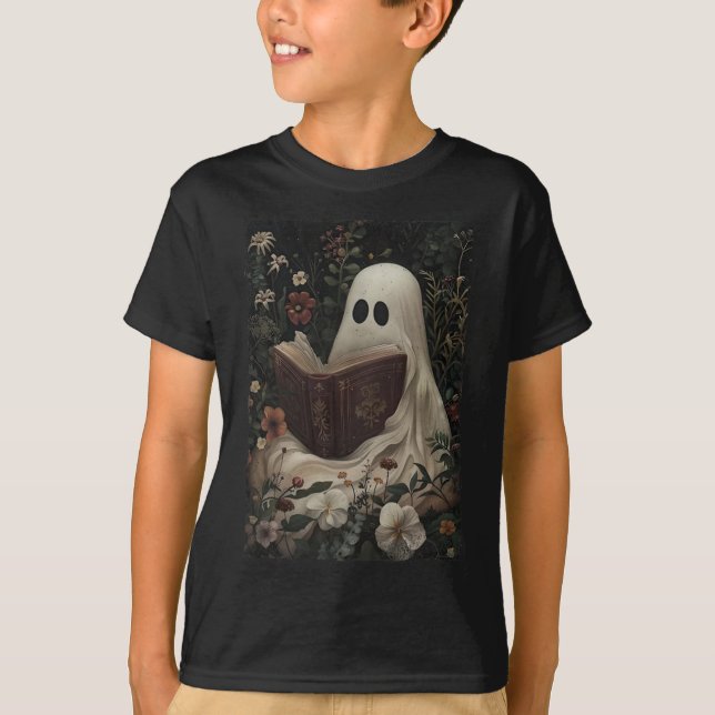 Floral Ghost Reading Buch Halloween Kostüm Gothic T-Shirt (Vorderseite)