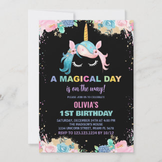 Floral Gillter Unicorn Einladung zum Geburtstag