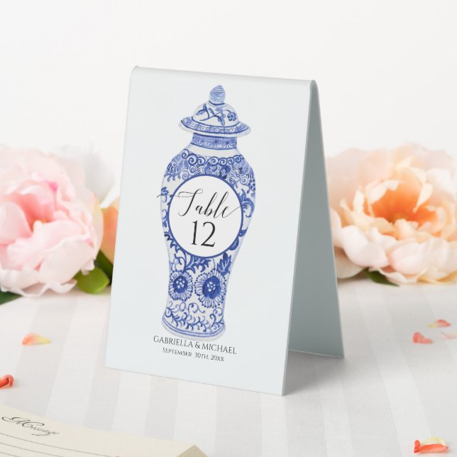 Floral Ginger Jar Blue White Chinoiserie Wedding Tischaufsteller (In Situ (Hochzeit))