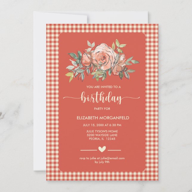 Floral Gingham Kariert Happy Birthday Party Einladung (Vorderseite)