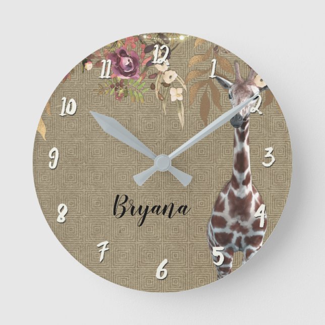 Floral Giraffe Rustic Brown Chic Personalized Runde Wanduhr (Vorderseite)