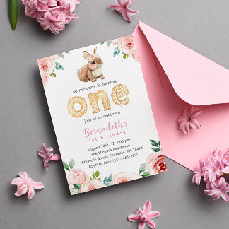 Floral Girl Baby Bunny 1. Geburtstag Party Einladung