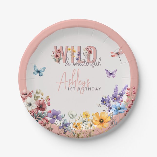 Floral Girl Birthday | Wild & Onederful Pappteller (Vorderseite)