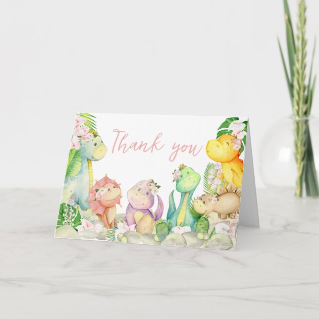 Floral Girl Dinosaur Babydusche Dankeskarte (Vorderseite)