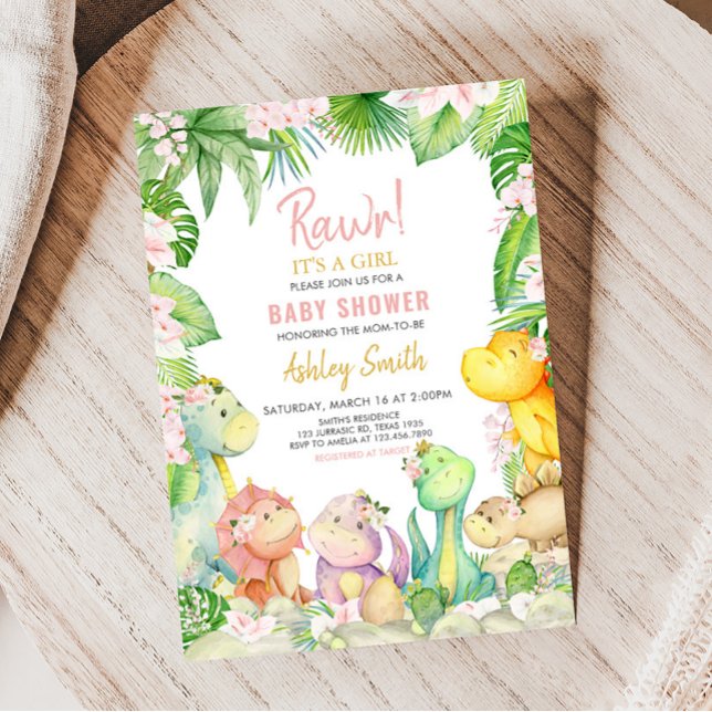 Floral Girl Dinosaur Babydusche Einladung (Greenery Dinosaur Baby Shower Invitation)