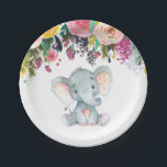 Floral Girl Elephant Babydusche Rosa Papierplatte Pappteller<br><div class="desc">Floral Girl Elephant Babydusche Rosa Papierplatte</div>