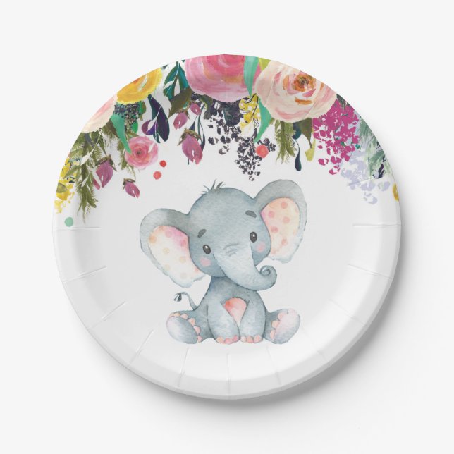 Floral Girl Elephant Babydusche Rosa Papierplatte Pappteller (Vorderseite)