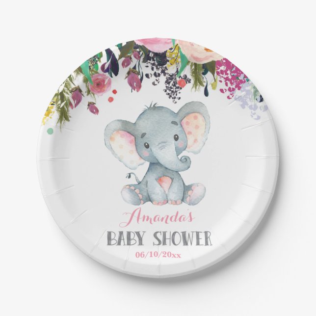 Floral Girl Elephant Babydusche Rosa Pappteller (Vorderseite)