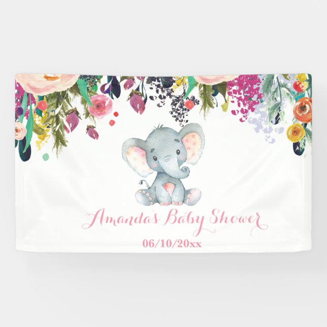 Floral Girl Elephant Babydusche Rosa und Grau Banner (Horizontal)