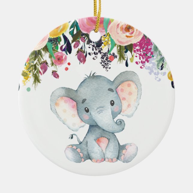 Floral Girl Elephant Babydusche Rosa und Grau Keramik Ornament (Vorne)