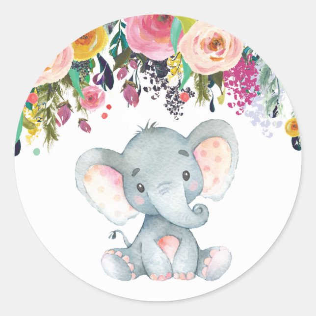 Floral Girl Elephant Babydusche Rosa und Grau Runder Aufkleber (Vorderseite)
