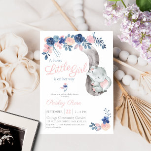 Floral Girl Elephant Navy Blush Baby Dusche Einladung