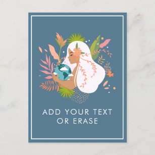 Floral Girl Holding Earth Dusty Blue Planet Nature Feiertagspostkarte