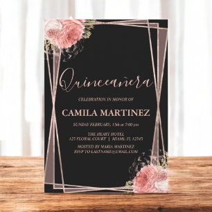 Floral Girl Rose Gold Black Quinceanera Party Einladung