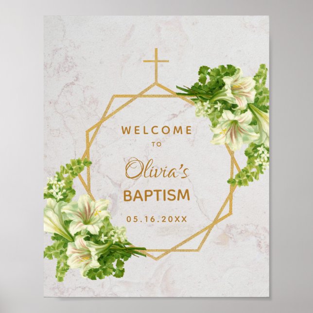 Floral Girl Taufe Gold Marmor Lilies Willkommen Poster (Vorne)