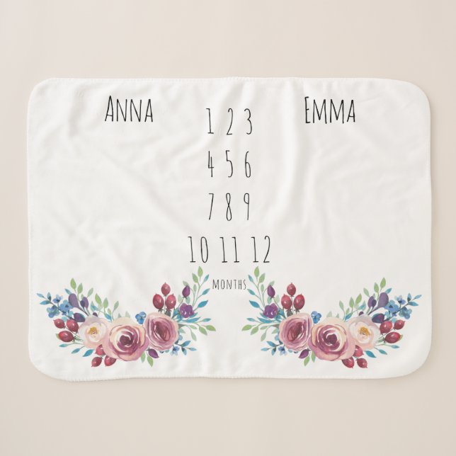 Floral Girls Twin Milestone Fleece Blanket Sherpadecke (Vorderseite (Horizontal))