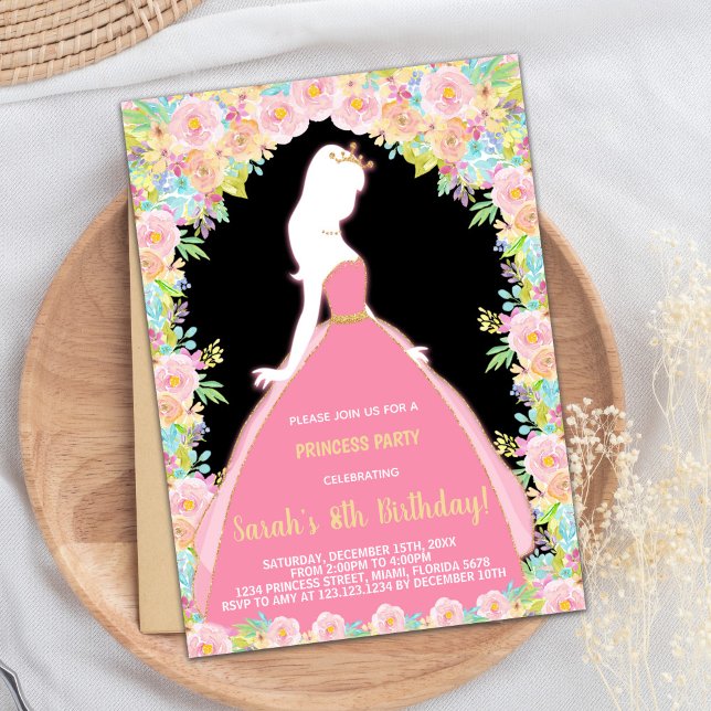Floral Glitzer Black Pink Princess Birthday Einladung (Floral Glitter Black Pink Princess Birthday Invitation)