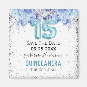 Floral Glitzer Blue Quinceañera Save the Date Mag Magnet