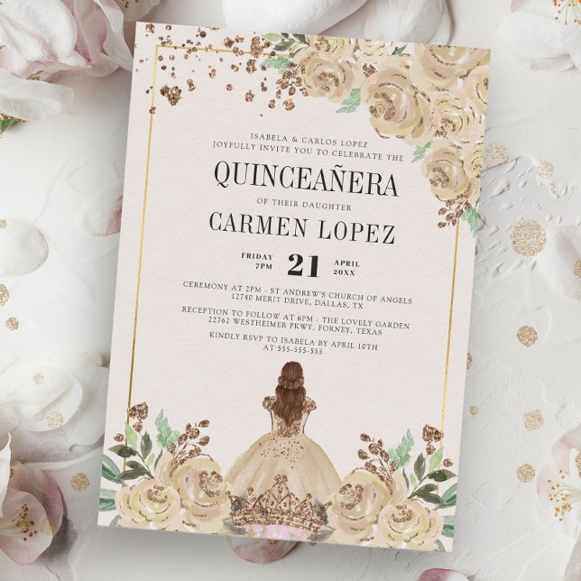 Floral Glitzer Gold Princess Birthday Quinceanera Einladung (Von Creator hochgeladen)