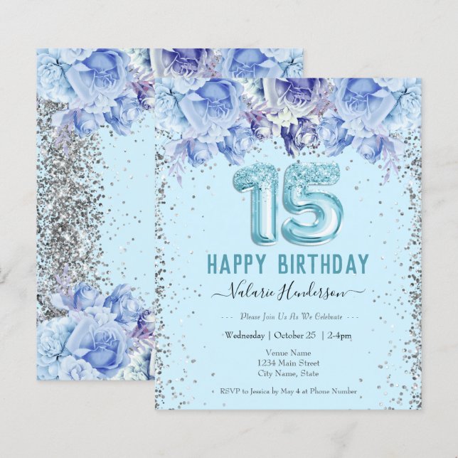 Floral Glitzer Light Blue Happy 15. Geburtstag (Vorne/Hinten)