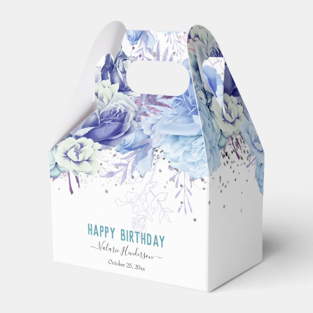 Floral Glitzer Light Blue Happy Birthday Geschenkschachtel (Vorderseite)