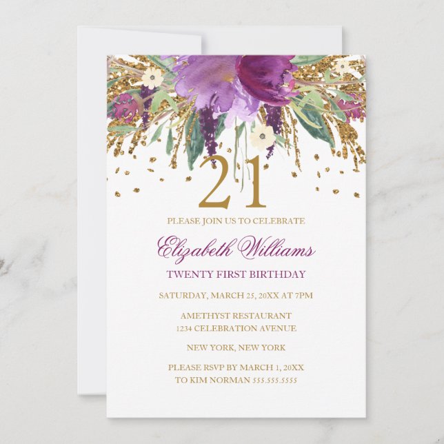 Floral Glitzer Sparkling Amethyst 21. Geburtstag Einladung (Vorderseite)