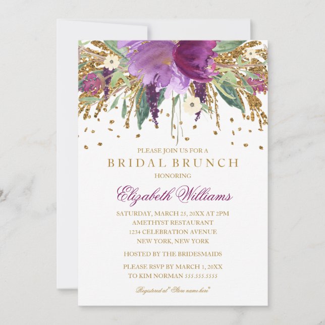 Floral Glitzer Sparkling Amethyst Bridal Brunch Einladung (Vorderseite)
