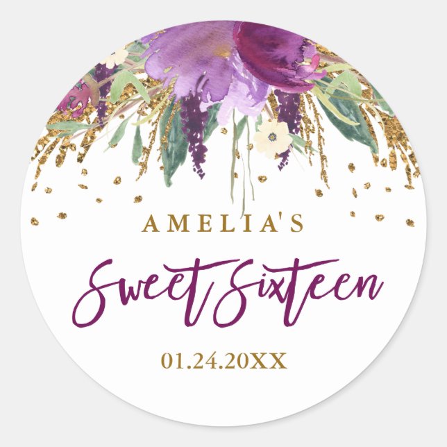 Floral Glitzer Sparkling Amethyst Sweet 16 Aufkleb Runder Aufkleber (Vorderseite)